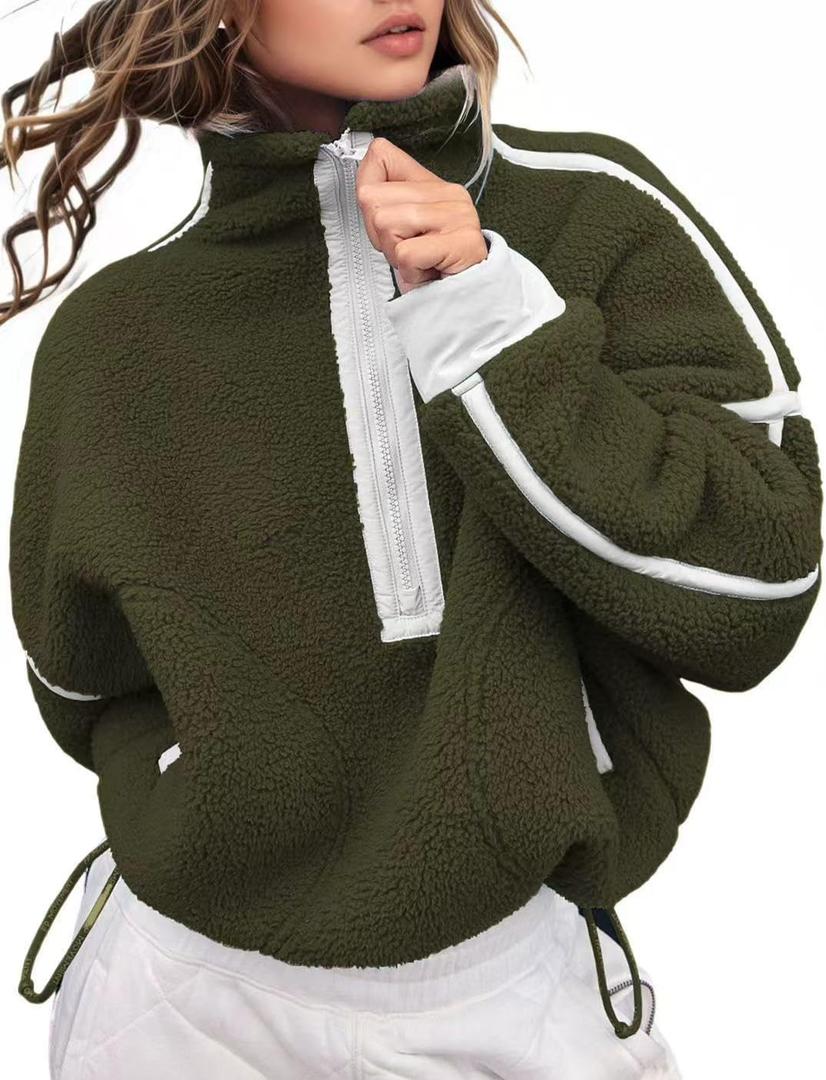 Kumufenc Women's Fleece Sweatshirts Half Zip Pullover Long Sleeve Oversized Workout Crop Tops Hoodie With Pocket (Large, Green)