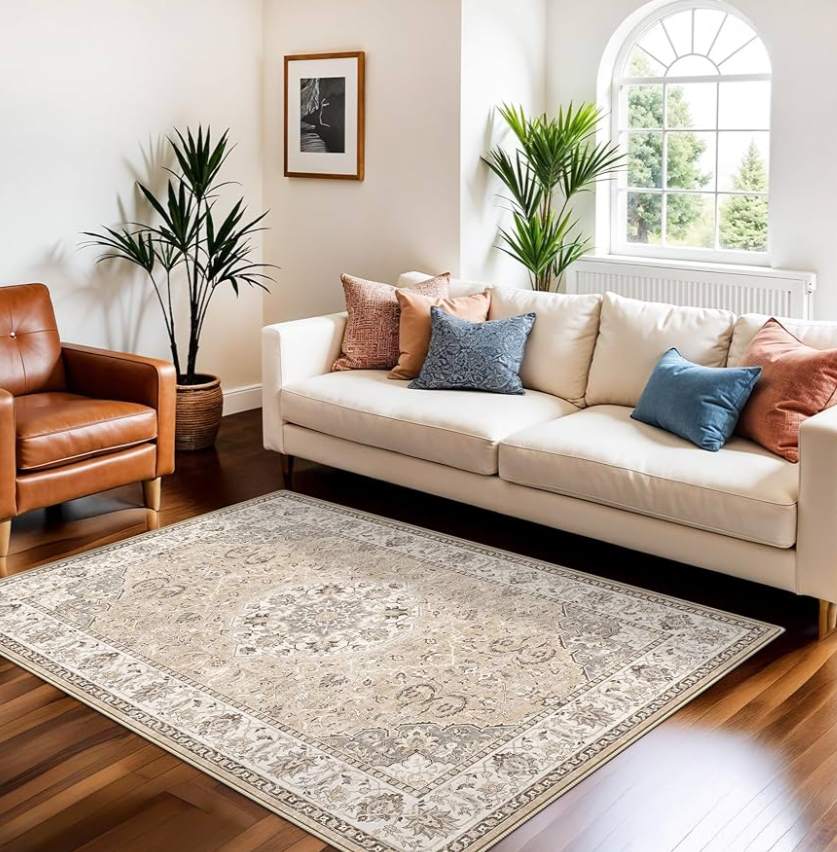 3x5 Living Room Area Rugs: Vintage Washable Non-Slip Rug for Bedroom Dining Room Soft Carpet for Nursery Kitchen Home Office Durable & Easy-Clean Design Perfect for Homes with Cats & Dogs(3x5 Beige)