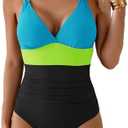 Aidonger Women's One Piece Color Block Swimsuit Tummy Control Slimming Bathing Suit V Neck Cutout High Waisted Swimwear XL