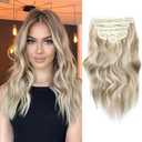 NAYOO Clip in Hair Extensions for Women 14 Inch Short Wavy Curly Ash Brown Mix Platinum Blonde Hairpieces Full Head Synthetic Hair Hairpieces (6PCS, Ash Brown Mix Platinum Blonde)