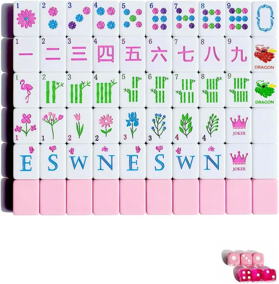 Mahjong Tile Set 160 1.2-inch Engraved Acrylic American Mahjong Tiles Game Set with Bag Cute Mini Mah Jongg Sets with Travel Bags Accessories Pink