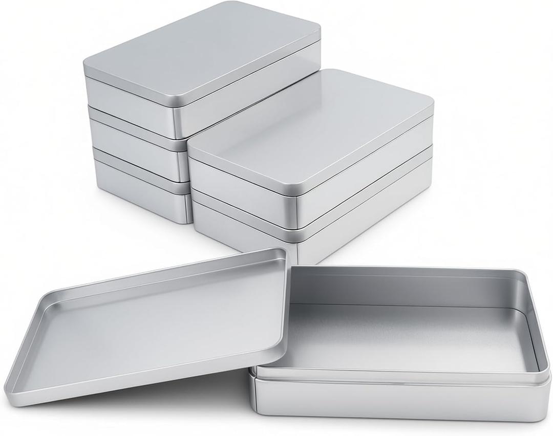 6 Pieces Rectangular Empty Tin Box Containers for Gift, Jewelery & Home Organization, 7.4 x 4.5 x 1.5 Inch (Silver)