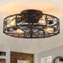 20'' Caged Ceiling Fan with Lights and Remote Control,Small Farmhouse Bladeless Low Profile Ceiling Fans Lights,Industrial Flush Mount Low Profile,Reversible Motor 6 Speeds for Bedroom,Living Room