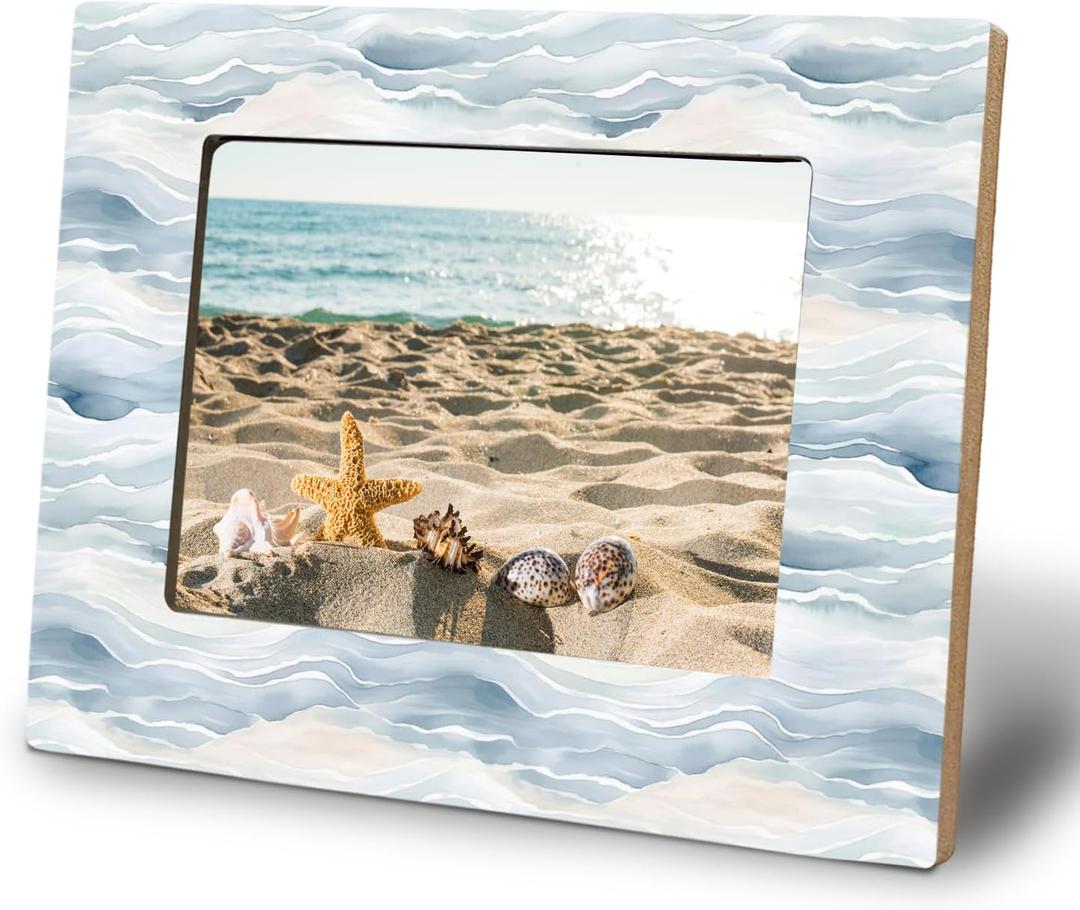 WHCHJ Coastal Blue and White Beach 5x7 Picture Frame, Beach Ocean Lovers Gifts, Nautical Photo Frame, Abstract Watercolor Ocean Waves Wood Frames for Wall or Tabletop Display