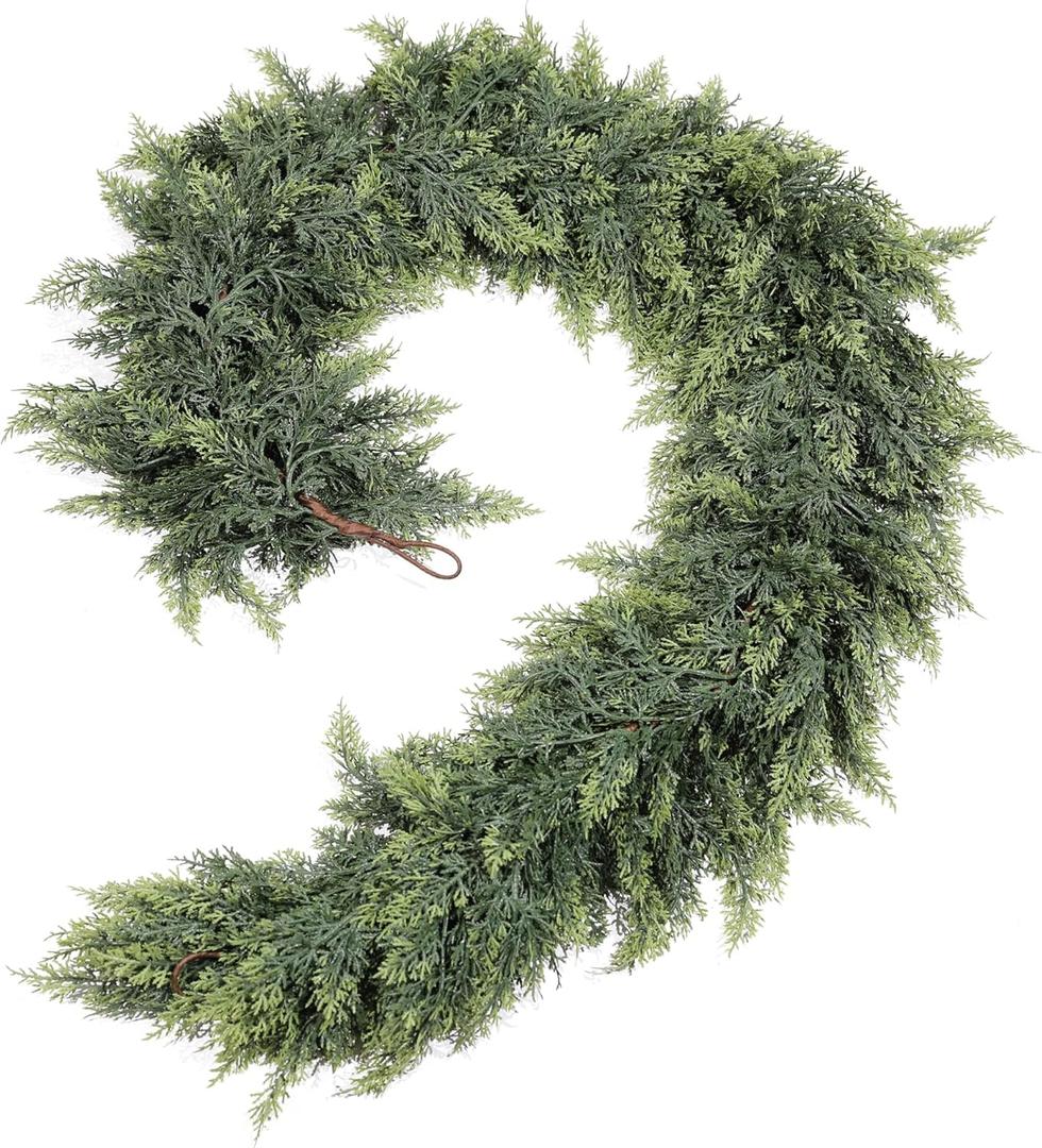 9ft Real Touch Cedar Garland Artificial Realistic Christmas Greenery Pine Garland with 225 Cedar Branches for Mantle, Fireplace, Table, Stairs, Doorframe, Window, Outdoor Indoor Xmas Decor