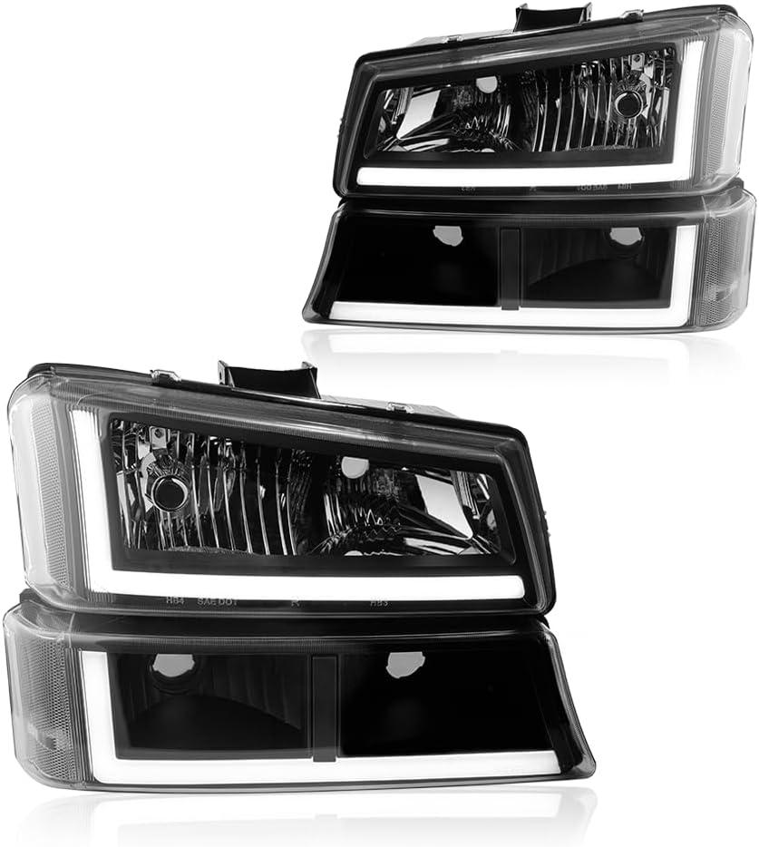 LED DRL Headlight, Headlights Assembly Kit Compatible with 2003-2006 Chevy Silverado 1500 1500HD 2500HD 3500/2003-2006 Avalanche, without Factory Cladding Models Black Housing Clear Reflector