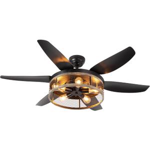 Ohniyou Farmhouse Ceiling Fan with Lights and Remote,52 inch Rustic Ceiling Fan with Caged Light Fixture, Retro Black Outdoor Ceiling Fans for Patio,Living Room,Dining Room,Bedroom
