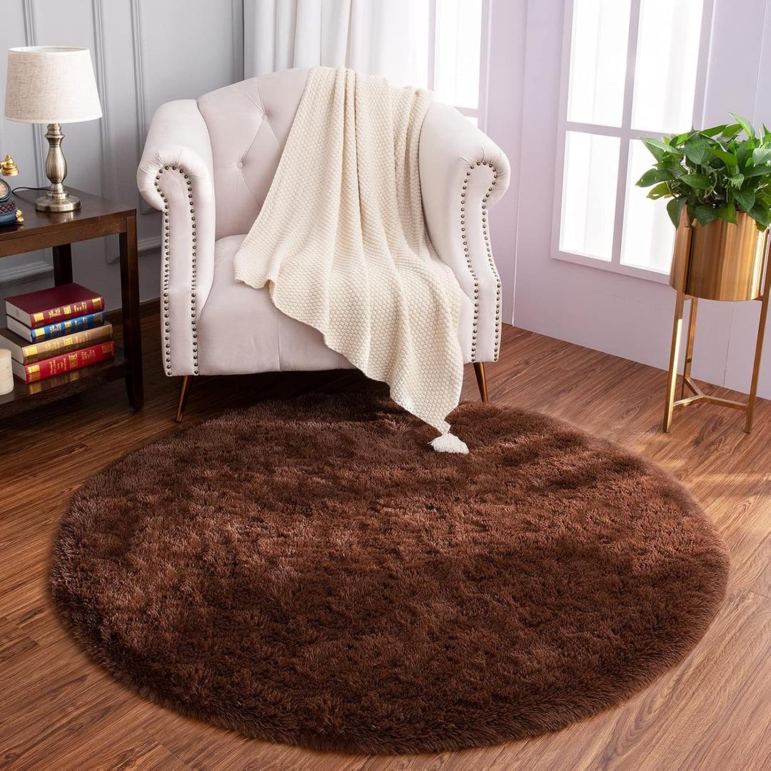 LOCHAS Luxury Round Fluffy Area Rugs for Bedroom Kids Girls Room Nursery, Super Soft Circle Rug, Cute Shaggy Carpet for Children Living Room, 4x4 Feet Brown