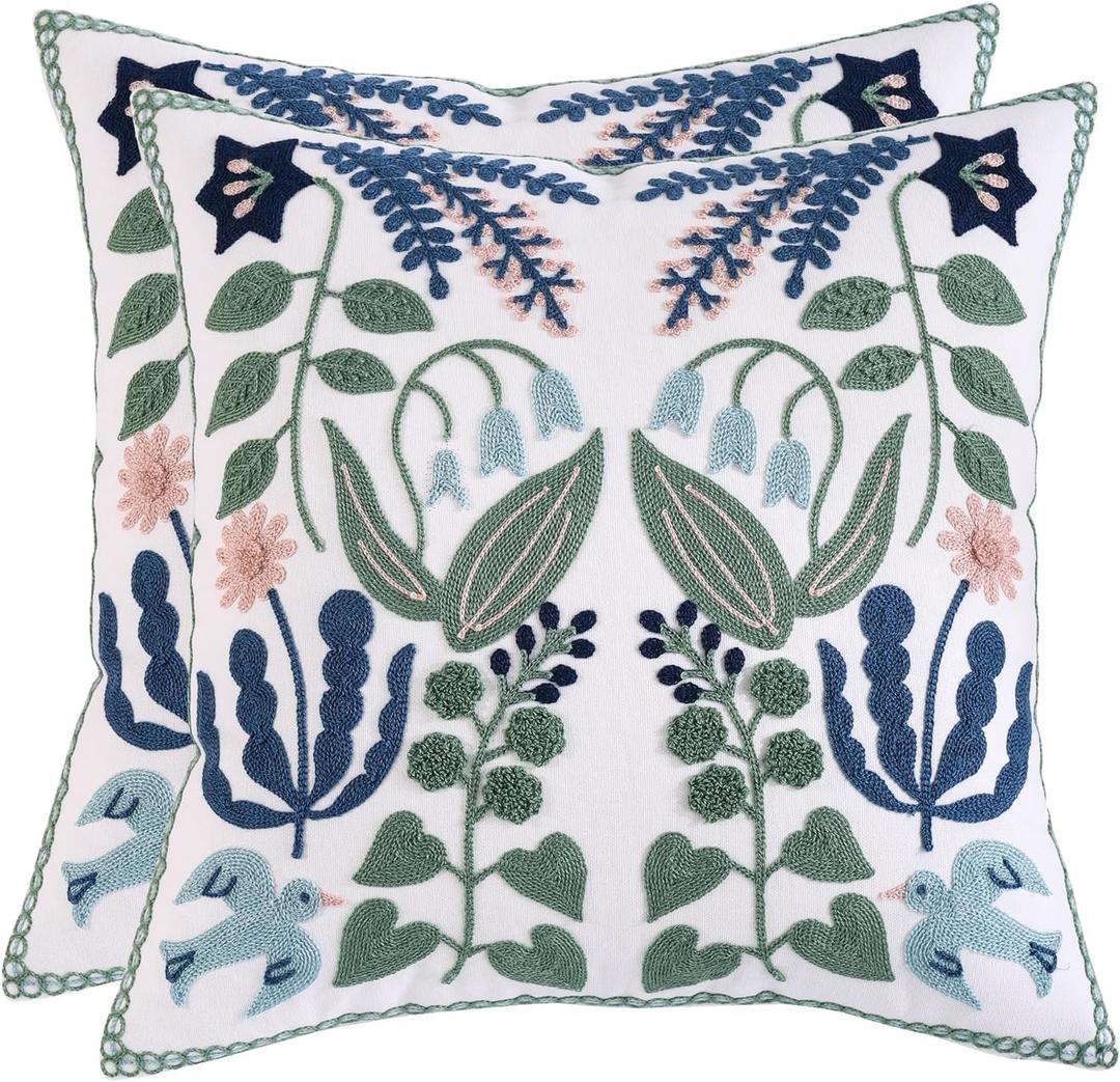 Flower Embroidered Throw Pillow Covers 16x16 Pack of 2 Green Leaves with Birds Floral Tufted Pillowcases Spring Summer Decor Coastal Pillow Cushion Cases Square Navy Blue Flower Pillow Case
