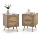 Giantex Rattan Nightstand Set of 2, Boho Bedside Tables with 2 Rattan Drawers