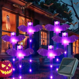 Halloween Decorations Outdoor Solar Bat Garden Lights,6 Pack 56LED Solar Halloween Bats Lights, Waterproof Solar Pathway Lights for Outside Patio Yard Lawn Grave Party Gifts Decor Purple