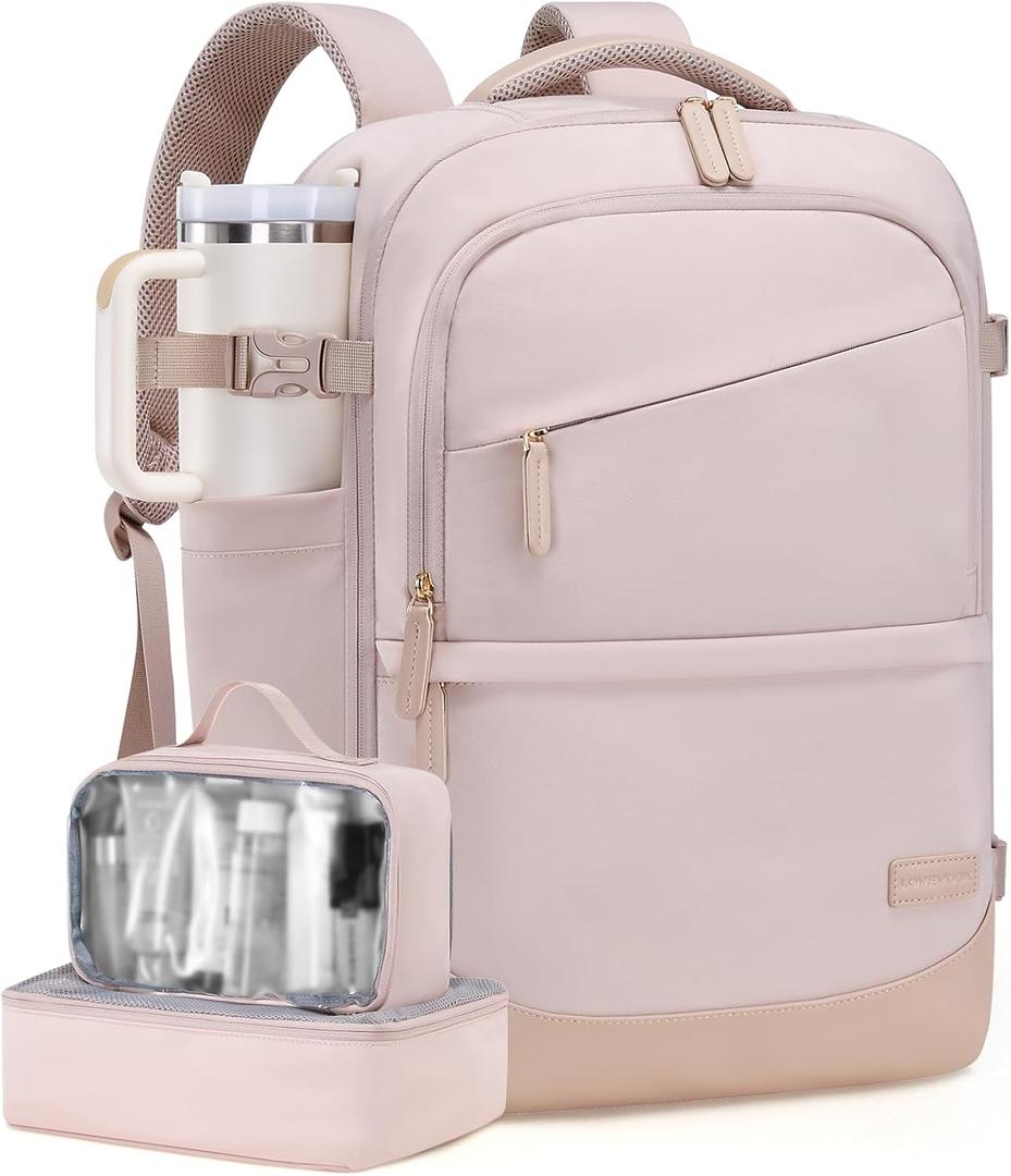 LOVEVOOK Travel Backpack for Women & Men, 40L Carry on Backpack Airline Approved, Large TSA Personal Item Travel Bag fits 17.3" Laptop, Business Weekender Bag for Essentials, 4Pcs (Nude Pink)