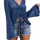 Saodimallsu Womens Boho Off Shoulder Sheer Crop Tops Bell Sleeve Flowy Oversized Crochet Ruched Pullover Sweaters (Small, Navy)