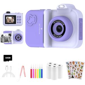 Kids Camera Instant Print, Christmas Birthday Gifts Toys for Girls Boys Age 4 5 6 7 8 9 10 11 12 Years Old,1080P HD Dual-Lens Selfie Digital Camera with 5 Rolls Print Paper Stickers Pens & 32G Card (purple)