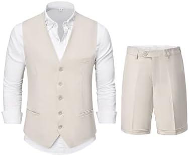 YND 2-Piece Men’s Linen Waistcoat Shorts, Lightweight Vest Pants, Casual Wedding Beach Summer Prom Homecoming Outfit Large
