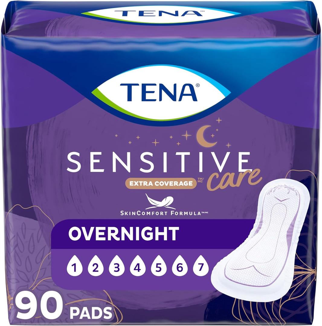 TENA Sensitive Care Incontinence Pads, Bladder Control, Postpartum for Women, Overnight Absorbency, Extra Coverage, 90 Count