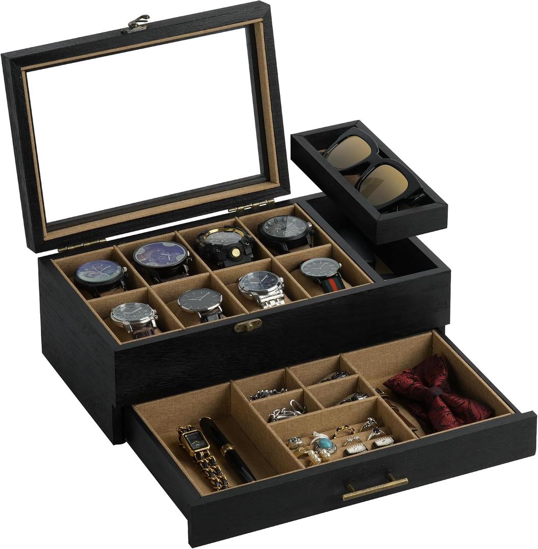 Watch Box with Tray, 2-Tier Watch Case for Large Dial Watches, 8-Slot Watch Display Case with Lid, Removable Watch Pillows, Drawer, Gifts for Men Women, Watch Organizer, Jewelry Box, Black