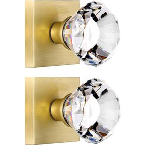 2 Pack Satin Brass Dummy Door Knob Set, Clear Glass Crystal Inactive Interior, Hall and Closet Square Gold, Diamond Shape Kit BS-009