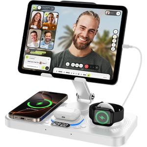 6 in 1 Wireless Charger for Apple Device, 30W Foldable Wired Charging for ipad with Clock & 7 Color Ambient Light, Nightstand Charger Station for iPhone 17/16/15/iWatch Series/AirPods 4/Pro 3(White)