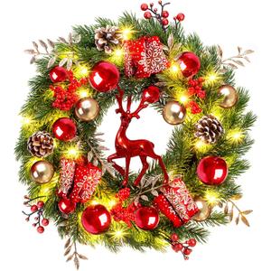 Quntis Lighted Christmas Wreath Front Door - 16'' Reindeer Winter Wreath with 8 Modes Timer, Red Gold Balls, Snowflakes, Pine Cones, Berries for Indoor Outdoor Holiday Windows Fireplace Mantel Porch