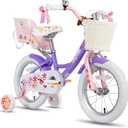 JOYSTAR Unicorn 14 Inch Kids Bike for 3-5 Year Old Girls with Doll Seat, Princess Design, Training Wheels, Basket, Streamer, Purple