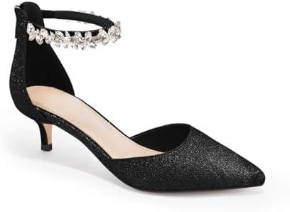 Guayonng Women's Wedding Rhinestones Low Kitten Heels Pumps Pointed Toe Dress Evening Shoes for Women Bridal Bride 8.1/2