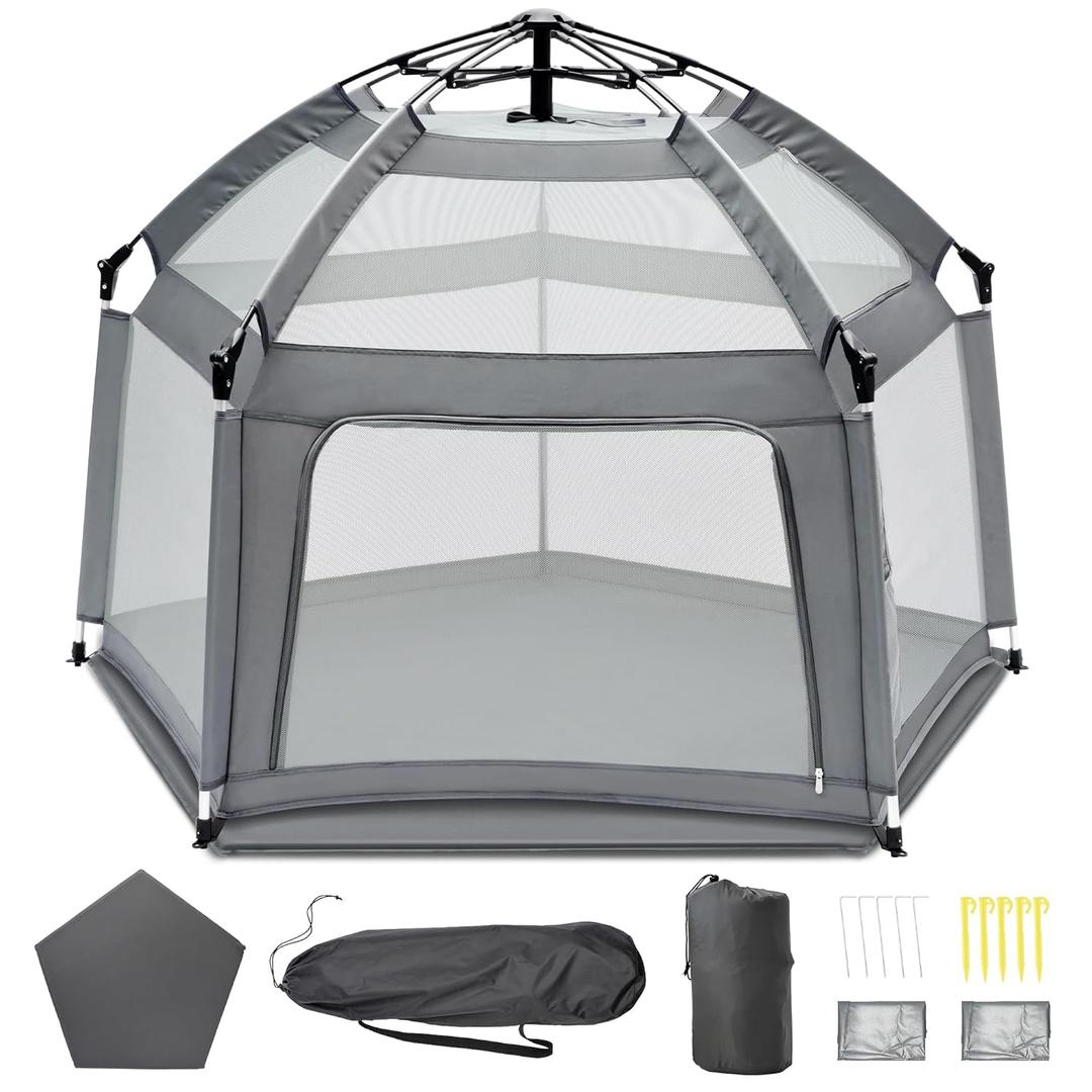 Baby Playpen with Self-Inflating Play Mat & Travel Bag, Portable Outdoor Playpen for Babies and Toddlers, Foldable Pop Up Play Tent for Home, Park, Beach and Camping (Grey)