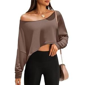 Fisoew Womens Off The Shoulder Cropped Tops Batwing Long Sleeve Loose Fit Summer Boat Neck Workout T Shirts Brown, Size Small
