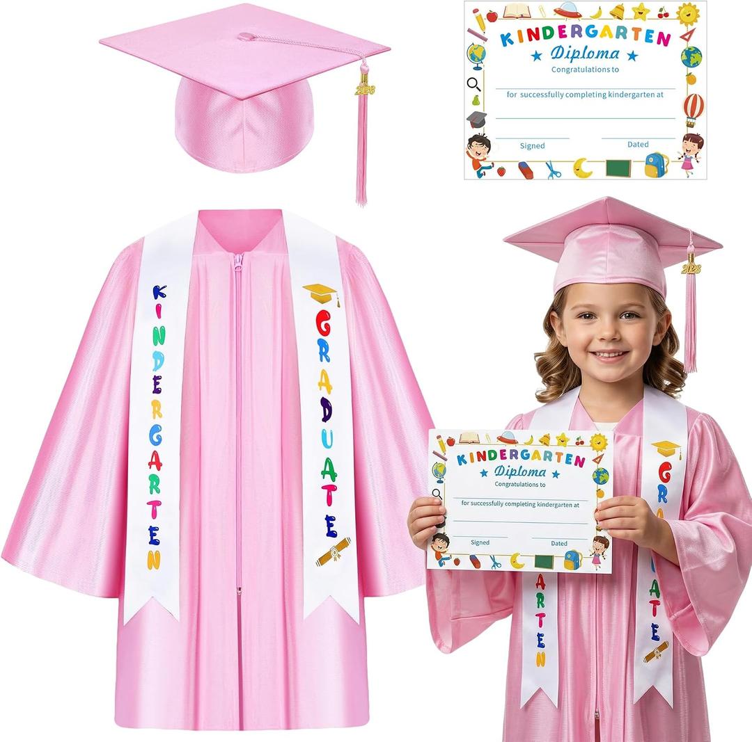 Kids Kindergarten Preschool Graduation Gown Cap Set with 2026 Tassel Graduation Stole Certificate for Grad Gift (Pink, 33)