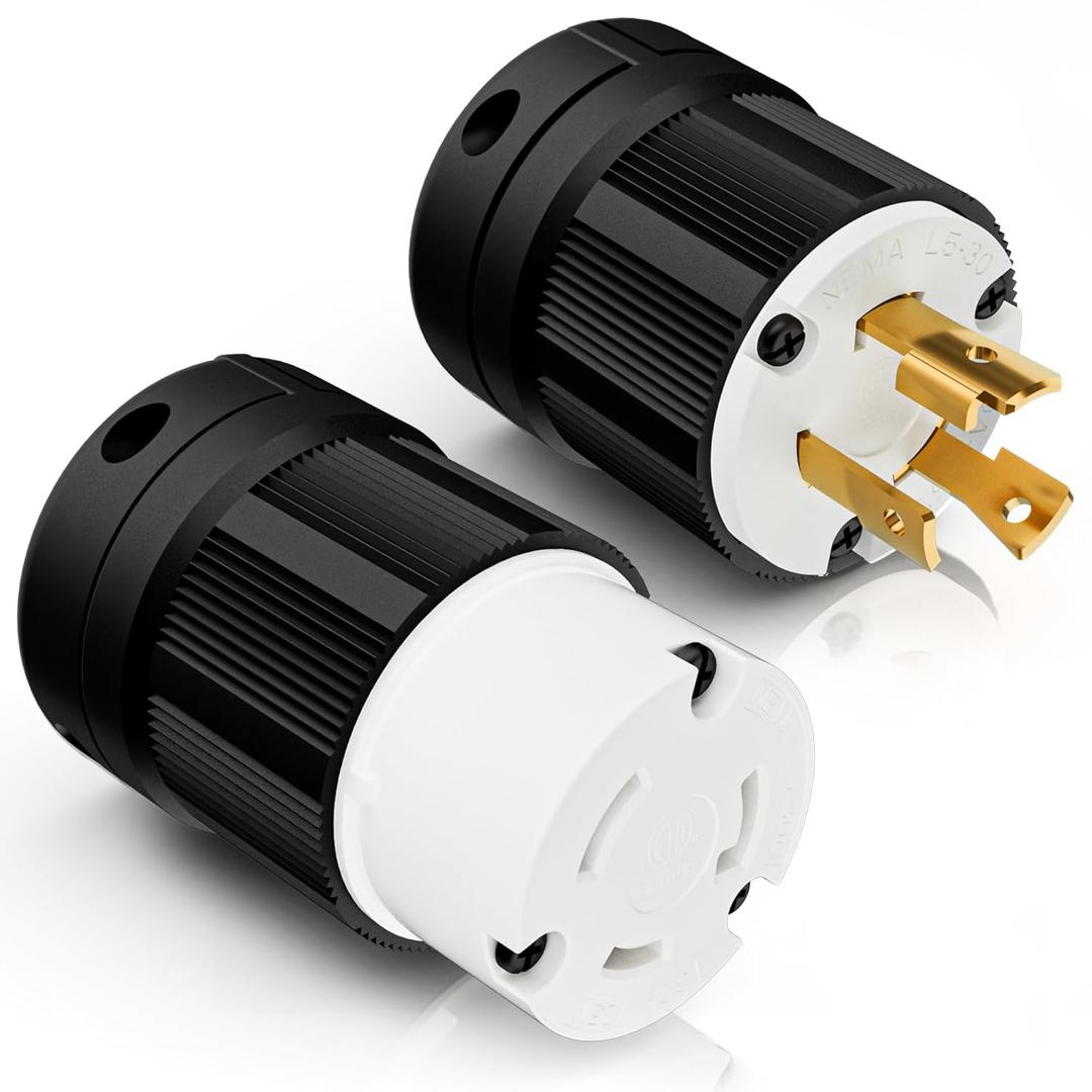 NEMA L5-30P Locking Plug and L5-30R Locking Connector Set, Generator Twist Lock Adapter Male Plug, 30 Amp, 125 Volt, 2 Pole, 3 Wire Grounding, Heavy Duty Industrial Grade