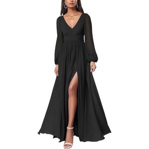 Firfig Women Mesh Deep V Neck Open Back Sheer Long Sleeve Slit Leg Bridesmaid Maxi Dress Cocktail Party Wedding Guest Dresses, M