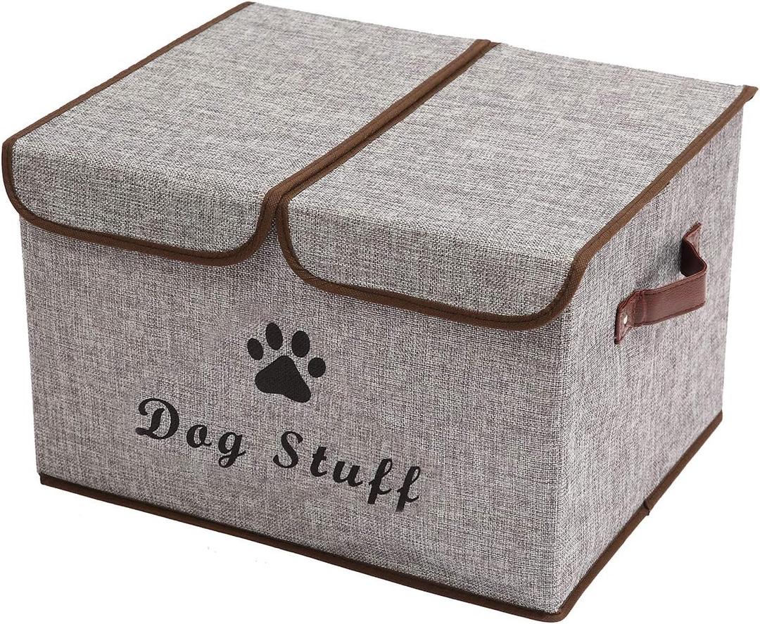 Geyecete Large Storage Boxes - Large Linen Fabric Foldable Storage Cubes Bin Box Containers with Lid and Handles for Dog Apparel & Accessories, Dog Coats, Dog Toys, Dog Clothing(Grey) (Gray)