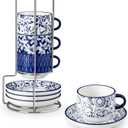 vancasso 8OZ Stackable Cappuccino Cups, Porcelain Espresso Cups with Saucers and Metal Stand Set of 4, Classic Printed Tea Cup Set for Coffee Drinks, Latte, Series SELENE (Vintage Blue, 8 Ounce)