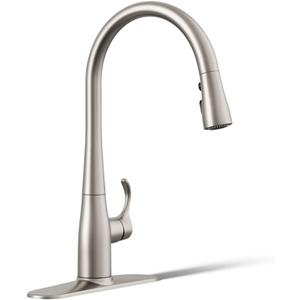 KOHLER 596-VS Simplice Pull Down Kitchen Faucet, 3-Spray Faucet, Kitchen Sink Faucet with Pull Down Sprayer, Vibrant Stainless, High Arch