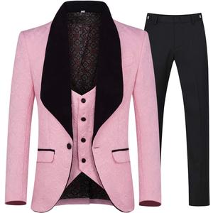 YFFUSHI Men's 3 Piece Suit Slim Fit Jacquard Tuxedo 1 Button Shawl Collar Blazer Vest & Pants for Wedding Formal Prom (Pink, L)