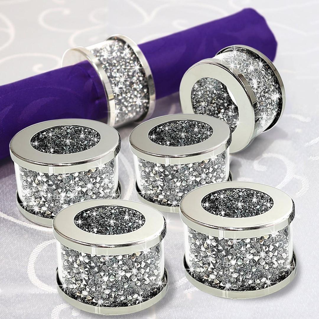 Crystal Glass Napkin Holder Silver Diamond Napkin Rings Pack of 6 Pieces, Glam Crushed Diamond Table Settings Bling Serviette Buckles Cloth Holder