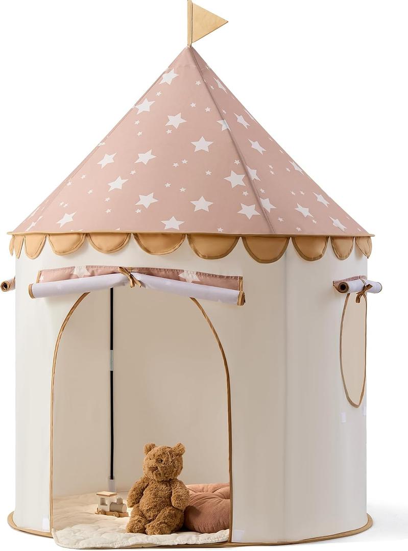 Tiny Land Kids Play Tent Khaki Castle Tent for Kids Indoor, Neutral Toddler Tent for Girls & Boys, Portable Playhouse for Imaginative Play, Toys Gifts for 2 Year Old Girl & Boy