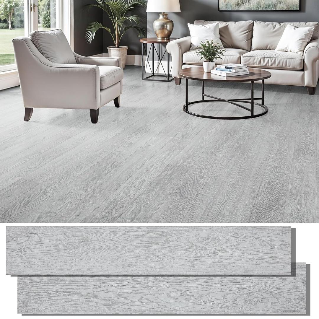 Peel and Stick Floor Tile, INMOZATA Self Adhesive Vinyl Plank Flooring Tile Wood Grain Look 36-Pack 54 Sq.Ft Waterproof Tile Sticker for Bedroom, Living Room, Kitchen, RV(Light Gray) (36 x 6 inches, Light Gray)
