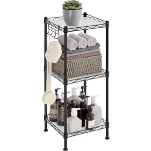 SONGMICS 3-Tier Bathroom Shelf, Storage Rack for Small Space, with 3 PP Shelf Liners, Removable Hook, Extendable Design, Ink Black and Translucent ULGR103B01