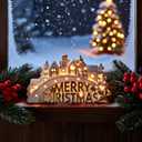 Bdor Lighted Ceramic Christmas Village Decor  11" White LED House Scene with Golden Merry Christmas Sign  Battery Operated Holiday Tabletop Decoration for Mantel, Shelf, or Window