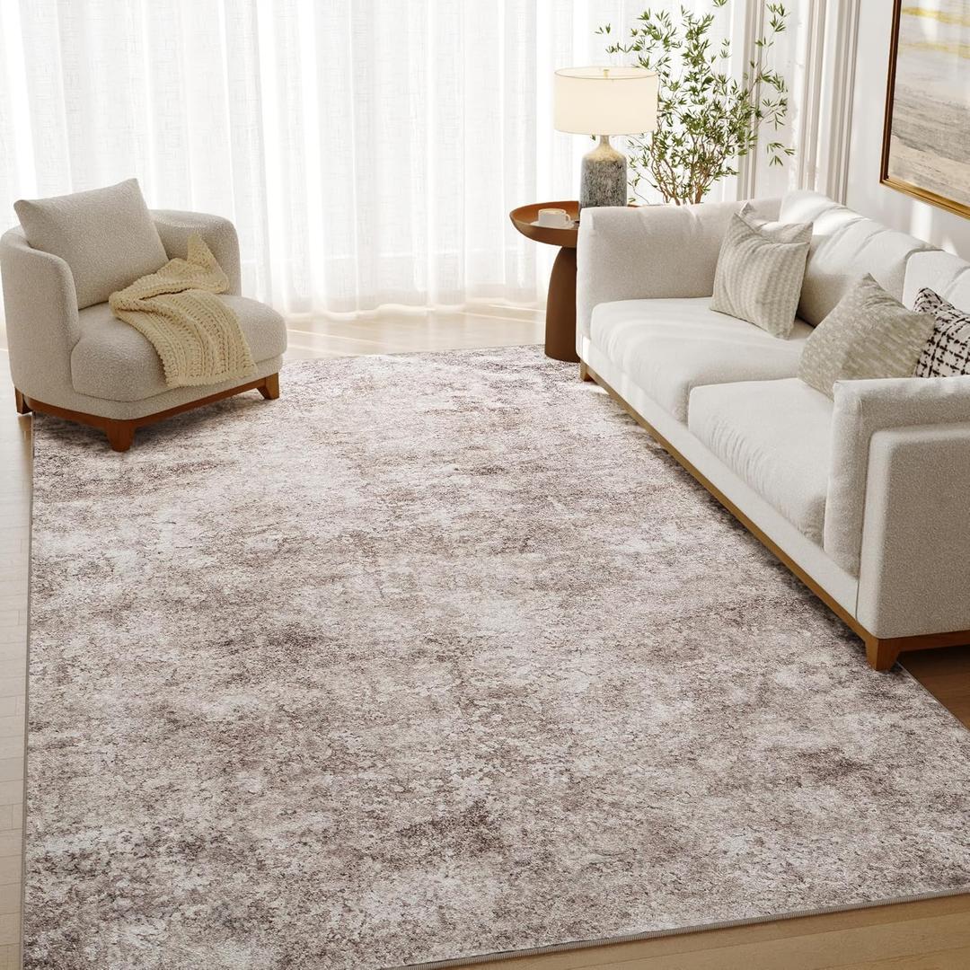 5x7 Washable Area Rug for Living Room, Non-Slip Soft Modern Abstract Large Carpet, Low Pile Neutral Rugs for Bedroom, Dining Room, Home Office, Dorm, Indoor Decor, Taupe Brown