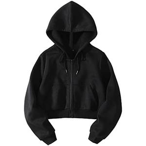 LOFAAC Women Fleece Full Zip Up Cropped Hoodie Sweatshirt 90s Long Sleeve Drawstring Hooded Crop Jacket Top with Pockets, M
