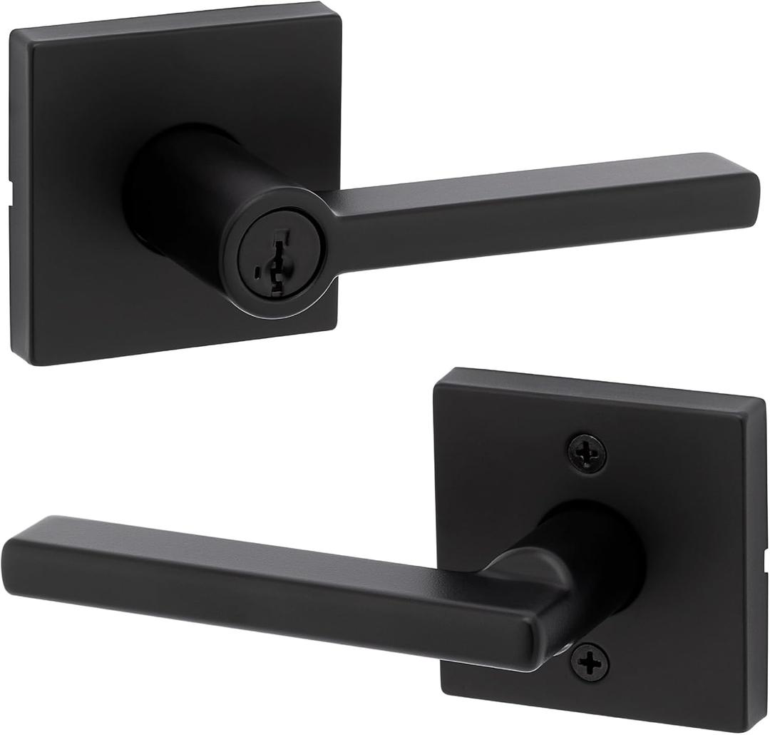 Kwikset Halifax Keyed Storeroom Entry Door Handle with Lock and Key, Secure Keyed Reversible Lever Exterior, Front Entrance and Bedrooms, Matte Black, Pick Resistant SMT Rekey Security and Microban