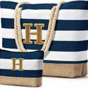 Becokan Beach Bag Initial Beach Tote with Makeup Bag for Travel Work Storage Personalized Birthday Gifts for Women Her (Dark Blue 2 Pcs)