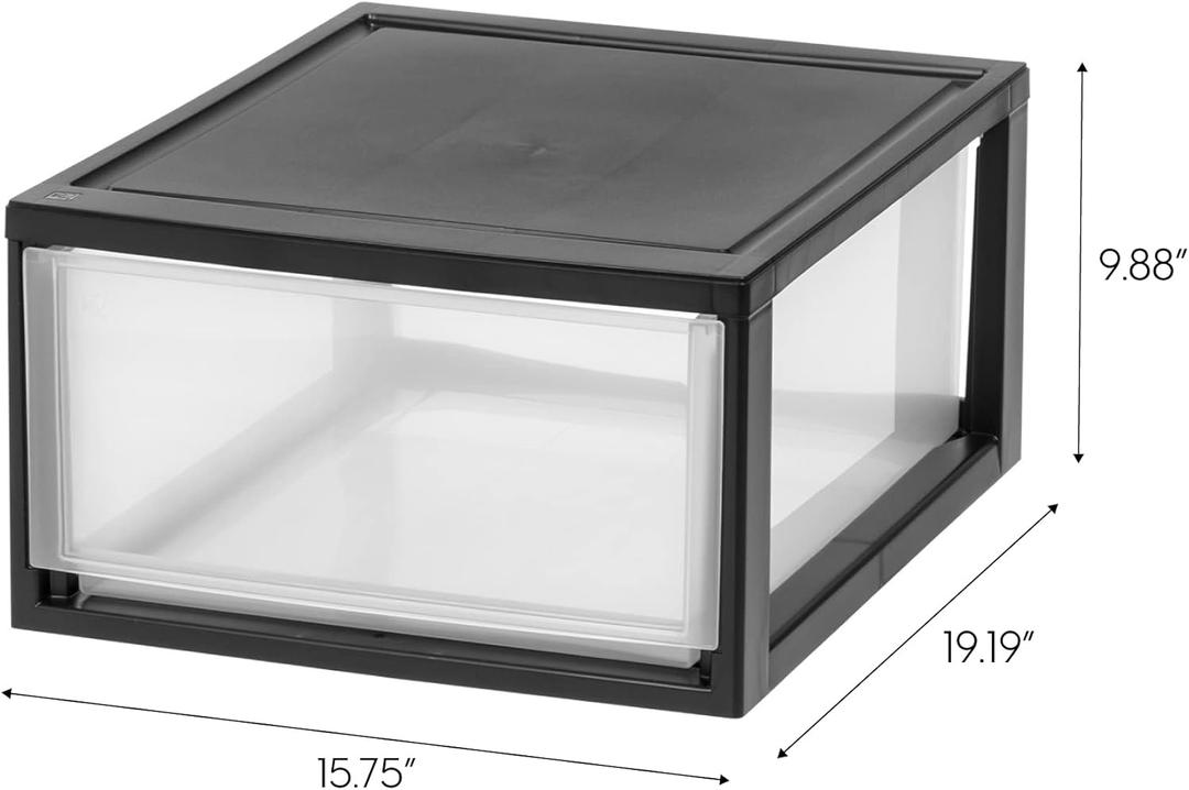 IRIS USA 30 Qt. Plastic Drawer Storage Organizer Stacking Drawer, Stackable Unit with Sliding Drawer for Clothes Bedroom Kitchen Under Sink Pantry Craft Room Bathroom Dorm Office, Black