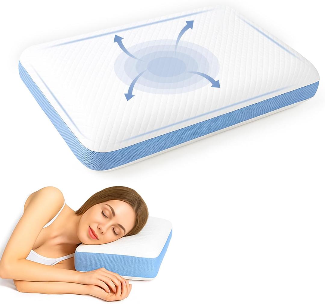 23"L x 15"W Memory Foam Bed Pillow for Side and Back Sleepers, Soft Supportive Pillow with Breathable Washable Cover Blue & White Premium Home Bedding Cushion 
