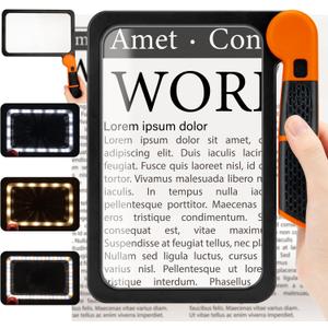 Large Magnifying Glass with Light, Full Page 5X Magnifier 48LED Cold & Warm Light with 3 Modes, Folding Handheld Illuminated Lighted Magnifier for Seniors Low Vision Reading Inspection (Orange)