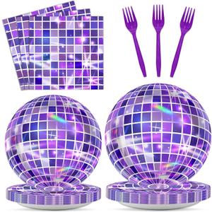 100Pcs Disco Purple Party Decoration Kpop Disco Ball Paper Plates and Napkins Purple Disposable Tableware for Kpop Music Birthday Baby Shower Wedding Bachelorette Party Supplies Serve 25