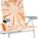 Beach Chair for Adults, 5 Position Lay Flat Backpack Beach Chair with Cooler, Cup Holder and Storage Bag, Portable Folding Heavy Duty Beach Lounger for Outdoor, Lawn, Camping, Festivals-Boho Sun, Small