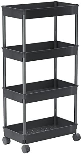 Sooyee 4 Tier Wide Storage Cart Mobile Shelving Unit Organizer Slide Out Storage Rolling Utility Cart Tower Rack for Kitchen Bathroom Laundry, Plastic & Stainless Steel,Black